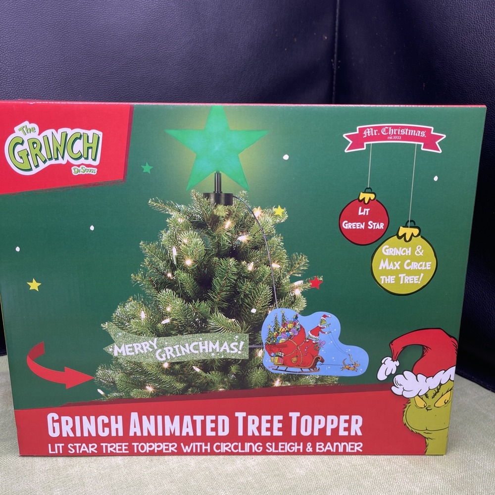 The Grinch Dr Seuss Mr Christmas Animated Tree Topper Green Star Grinchmas 22"